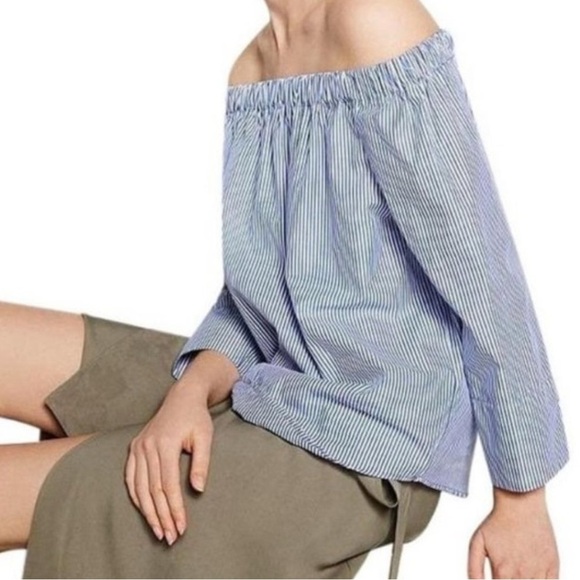 ZARA Off Shoulder Women’s Blue Striped Cotton Top Size S Boho Coastal Vibes - Picture 1 of 7